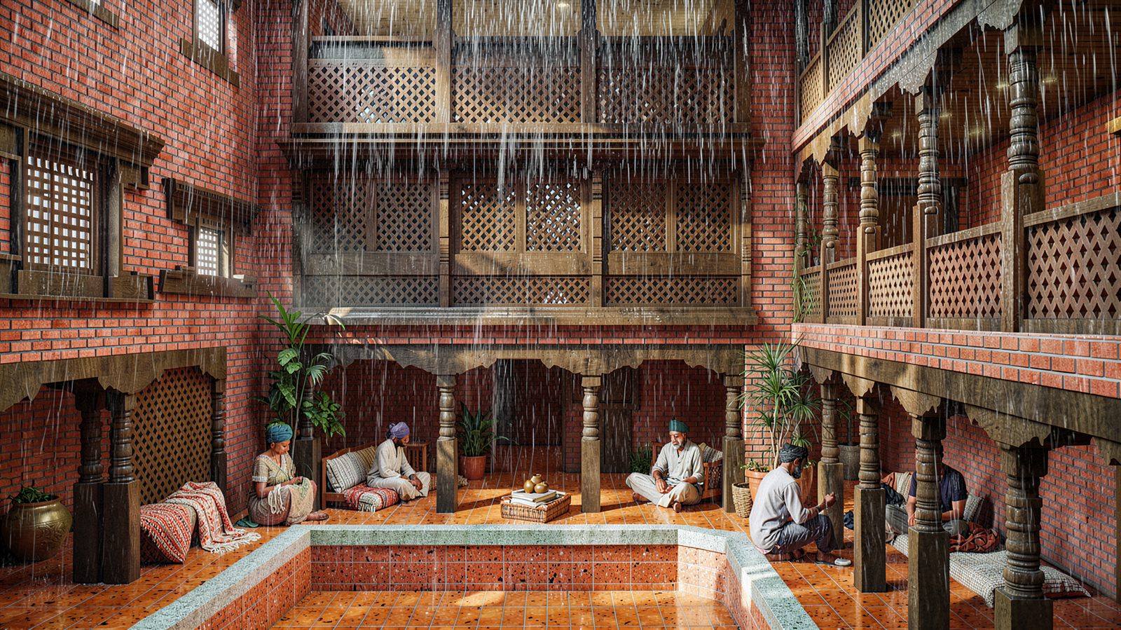 Newari courtyard rendered by Realize AI, contemporary nepali style, rainy