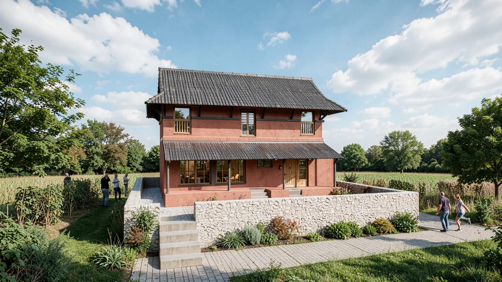 Traditional architecture rendered by Realize AI, bright day, with landscaping and people added