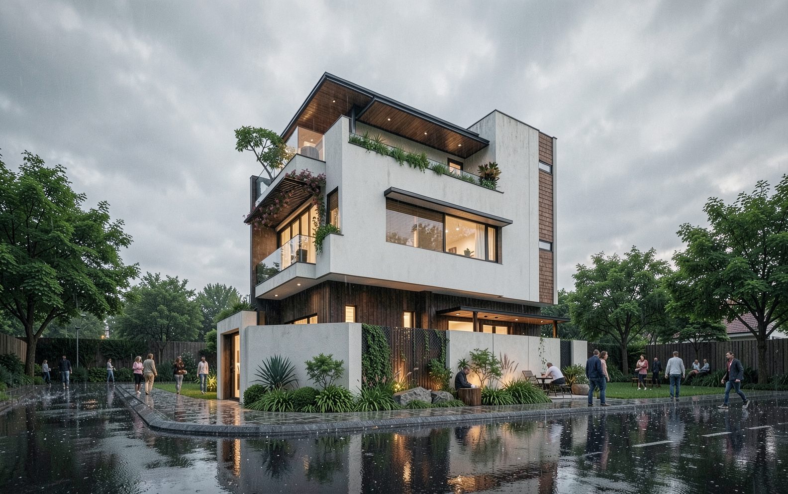 Villa rendered by Realize AI, rainy light